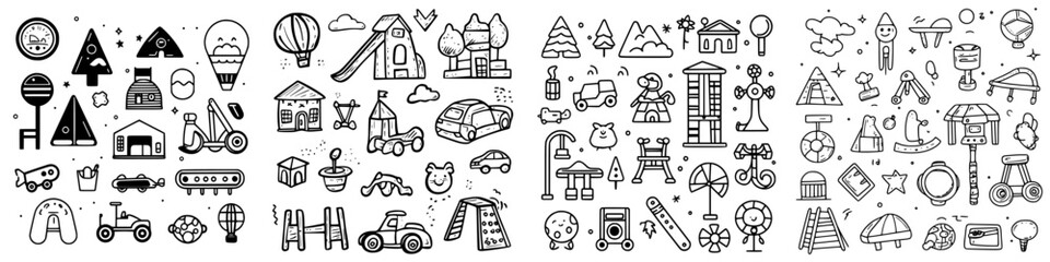 Naklejka premium Numerous playful and whimsical child-friendly doodles featuring parks, toys, and outdoor activities in a fun art style