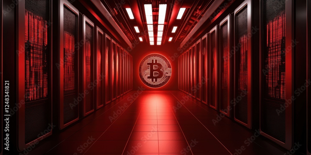 Poster a dark, futuristic corridor illuminated in red, featuring a prominent bitcoin symbol at the end, rep