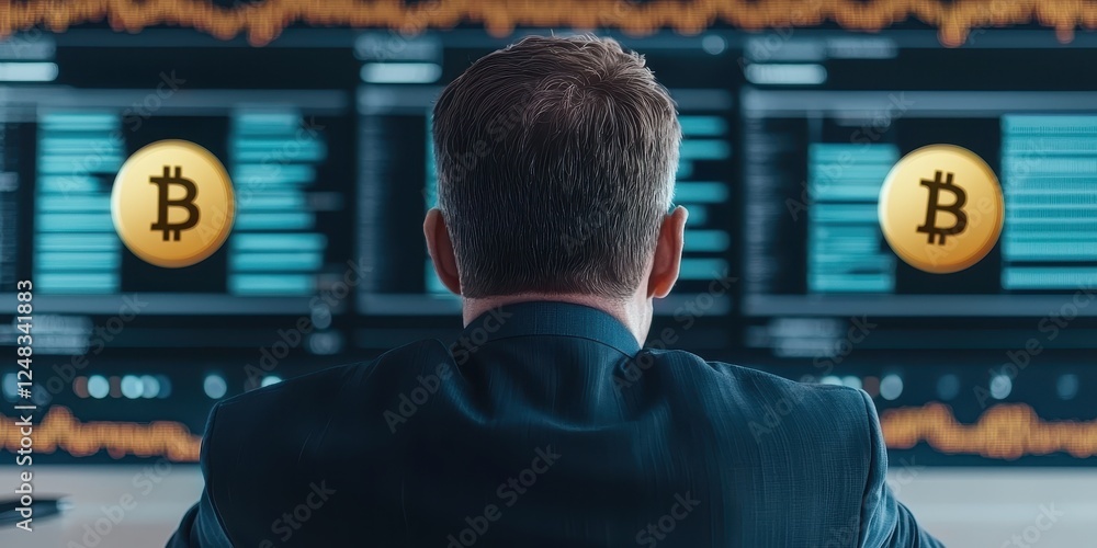 Poster a man analyzes bitcoin data displayed on dual screens, emphasizing cryptocurrency trends and market 