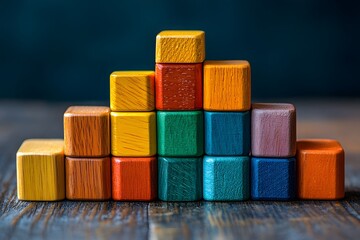 Obraz premium Stacked colorful wooden blocks on a wooden floor and table