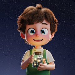 a joyful, cartoon-style boy holds a glass jar filled with fireflies, gazing at the starry night sky with a smile. His expression is one of wonder and delight.