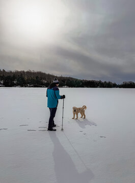 Man walking on frozen lake with dog on snowy winter day.