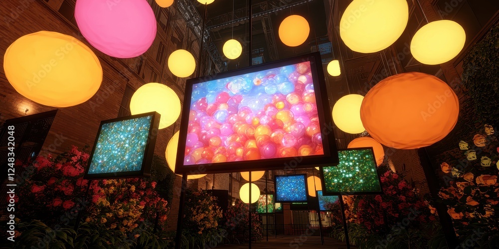 Poster A vibrant display of illuminated spheres and colorful screens, creating an artistic and festive atmosphere in a lively setting.