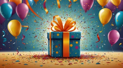 Joy Unboxed: Vibrant Gift Box Surrounded by Colorful Balloons
