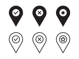Set of map pins with check, cross and star signs. location pin place marker. Location icon. Map marker pointer icon set. Modern map markers. Pin icon vector.