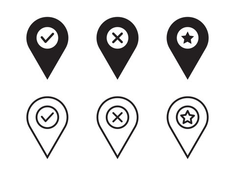 Set of map pins with check, cross and star signs. location pin place marker. Location icon. Map marker pointer icon set. Modern map markers. Pin icon vector.