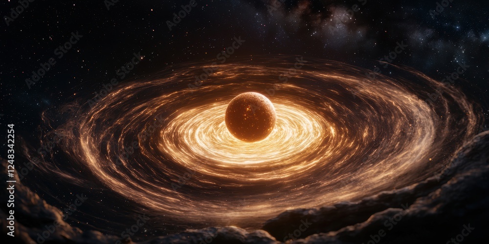 Poster a cosmic scene depicting a glowing orb surrounded by swirling energy and light, set against a starry