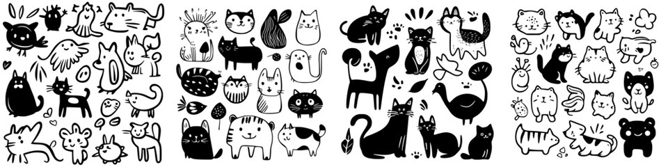 Collection of playful animal sketches featuring various cats, dogs, and birds displayed in a whimsical design
