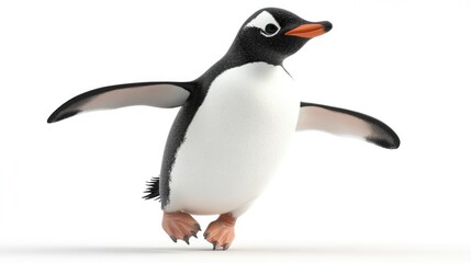 Fototapeta premium Cute Cartoon Penguin Character with Spread Wings on White Background