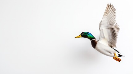 Obraz premium Male mallard duck flying in mid-air with wings spread showcasing detailed plumage and feathers