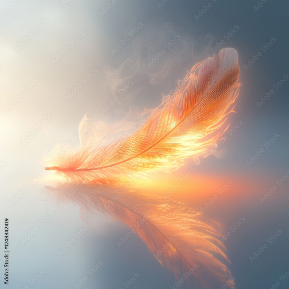Poster fiery feather floating on calm water with misty background during twilight