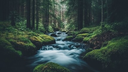 Obraz premium Serene Forest Stream Flowing Through Mossy Rocks