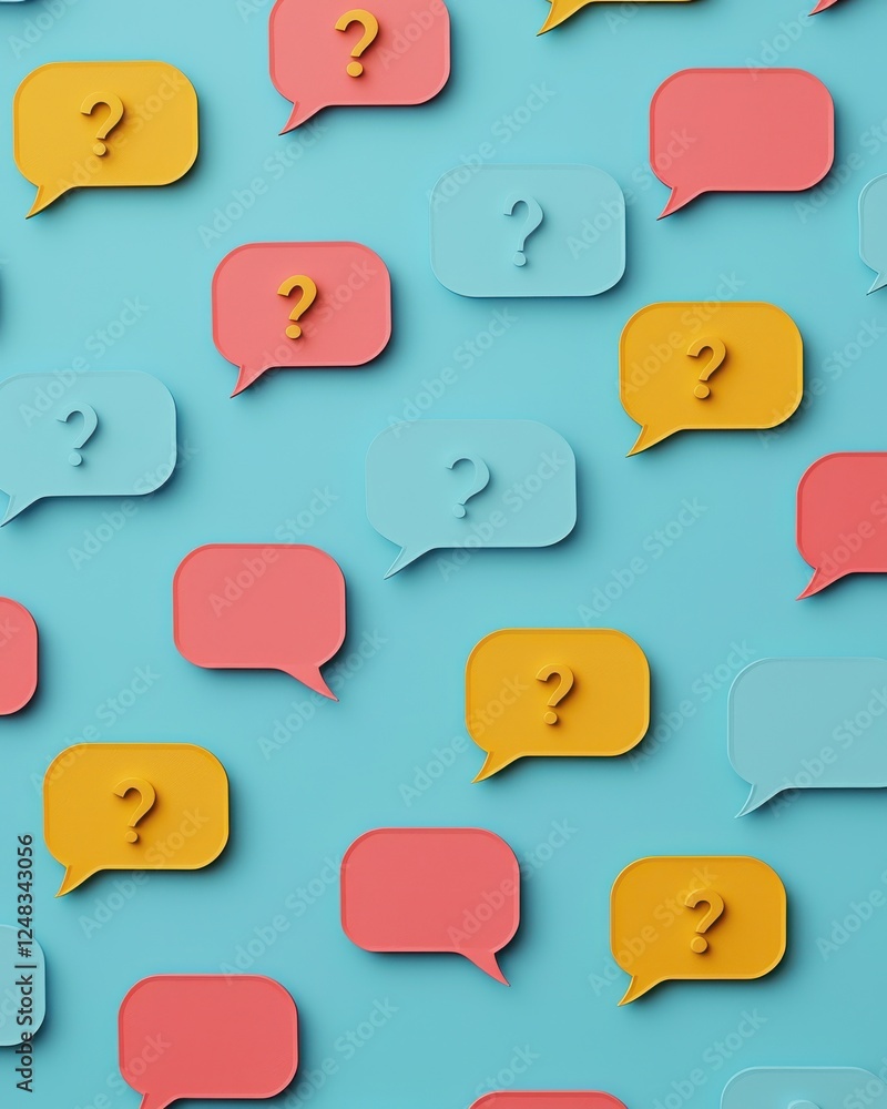 Poster a vibrant array of colorful speech bubbles with question marks, set against a blue background, symbo