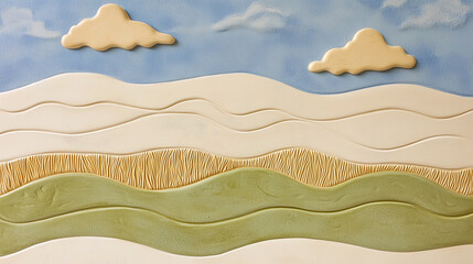 An embossed landscape featuring fluffy clouds, rolling hills, and textured fields, creating a serene and tactile scene.