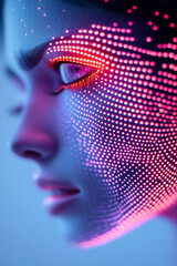 A dramatic close-up of a human-like digital head glowing in neon hues, seamlessly integrated into a
