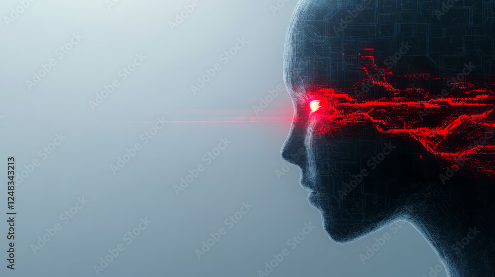 Poster a captivating image of a glowing cybernetic head merging with a technologically advanced wall,