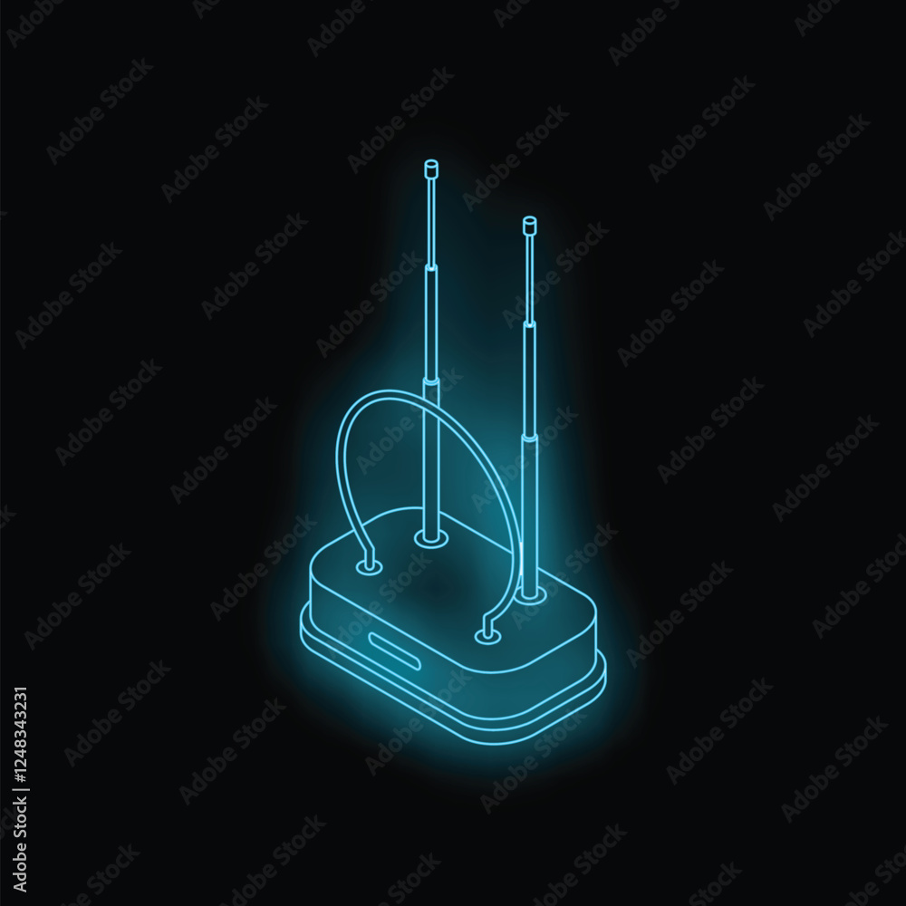 Poster neon glowing icon of a wifi router transmitting a signal on a black background
