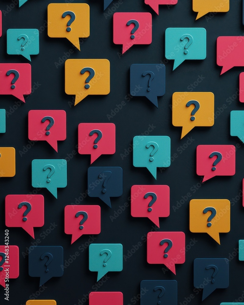 Poster a colorful arrangement of speech bubbles featuring question marks against a dark background, symboli