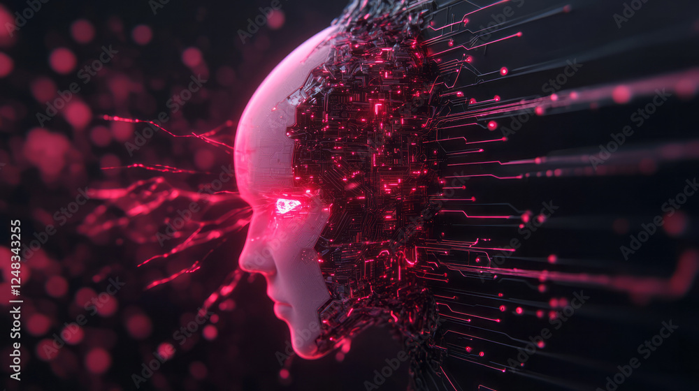 Poster a captivating image of a glowing cybernetic head merging with a technologically advanced wall,