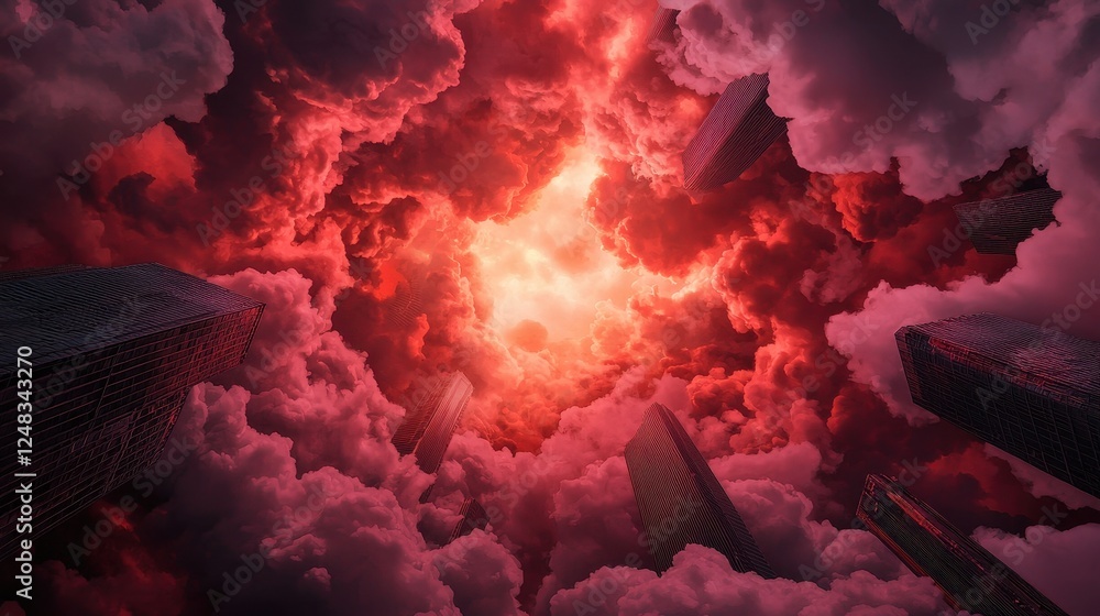 Poster A dramatic scene featuring dark clouds illuminated by a fiery red light, creating a striking contrast against towering structures below.