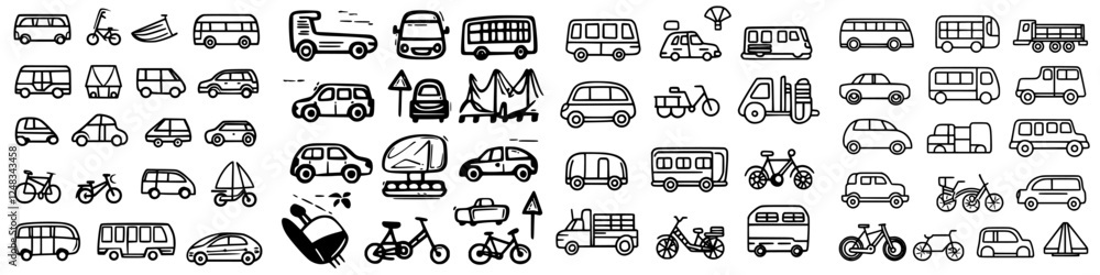 Aufkleber various transportation icons depicting different vehicles and modes of commuting in a minimalist sty