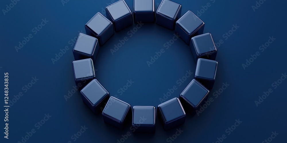Poster a circular arrangement of dark, glossy cubes on a deep blue surface, creating a modern and minimalis