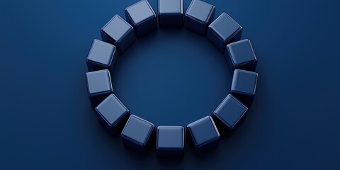 A circular arrangement of dark, glossy cubes on a deep blue surface, creating a modern and minimalist aesthetic.