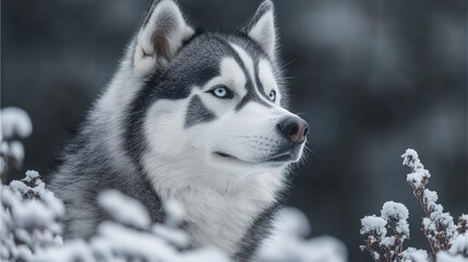 Husky dog winter forest portrait, snowy background