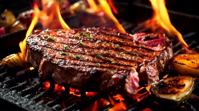 Grilling meat over roaring flames, the chef skillfully tends to the sizzling steaks.
