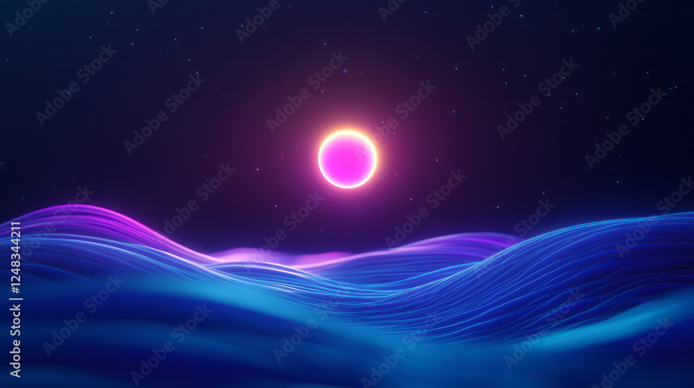 Poster a calming composition showing a glowing orb hovering above rippling futuristic waves, where subtle