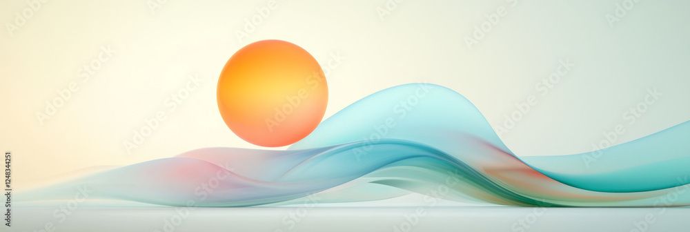 Poster an abstract scene of a luminous orb suspended in midair, with smooth undulating waves beneath it