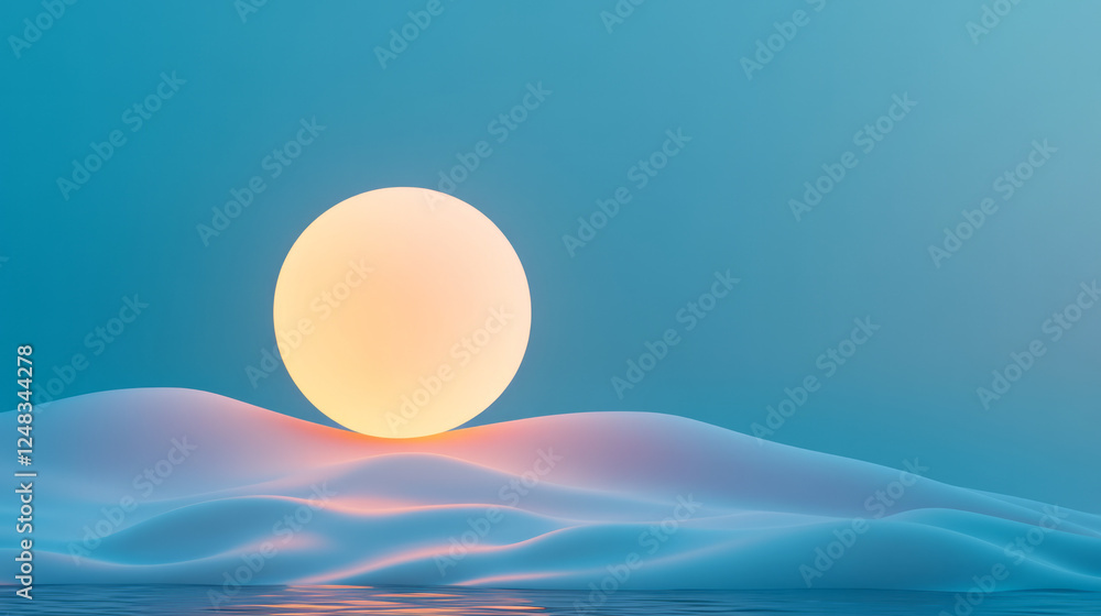 Poster a calming composition showing a glowing orb hovering above rippling futuristic waves, where subtle