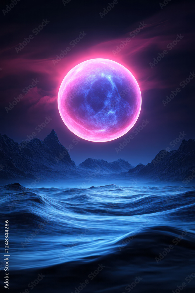 Aufkleber a glowing orb floating above a futuristic landscape with softly flowing waves, enhanced by subtle