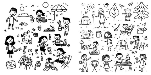 Families enjoying a sunny day at the park with various activities and playful interactions