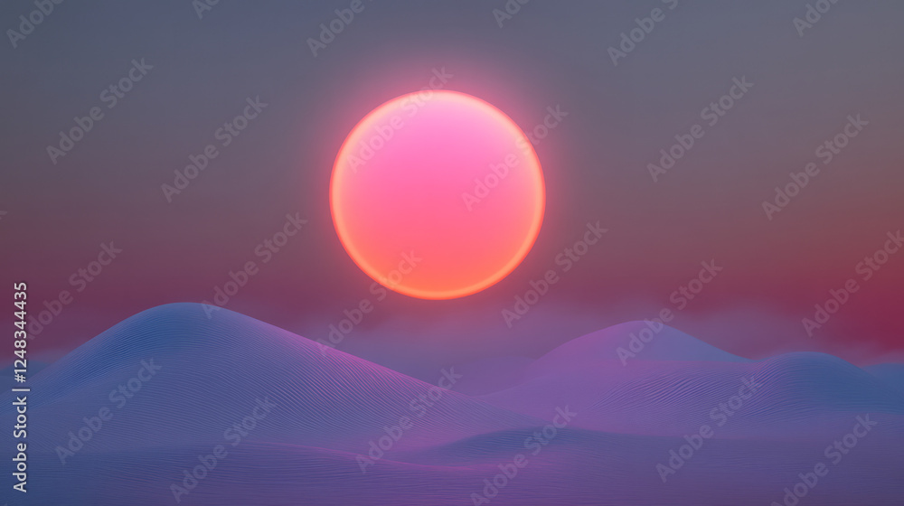 Poster a cinematic view of a hovering glowing sphere set against a sci-fi landscape of gently undulating