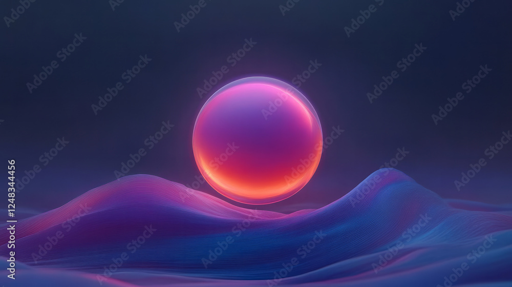 Poster a cinematic view of a hovering glowing sphere set against a sci-fi landscape of gently undulating