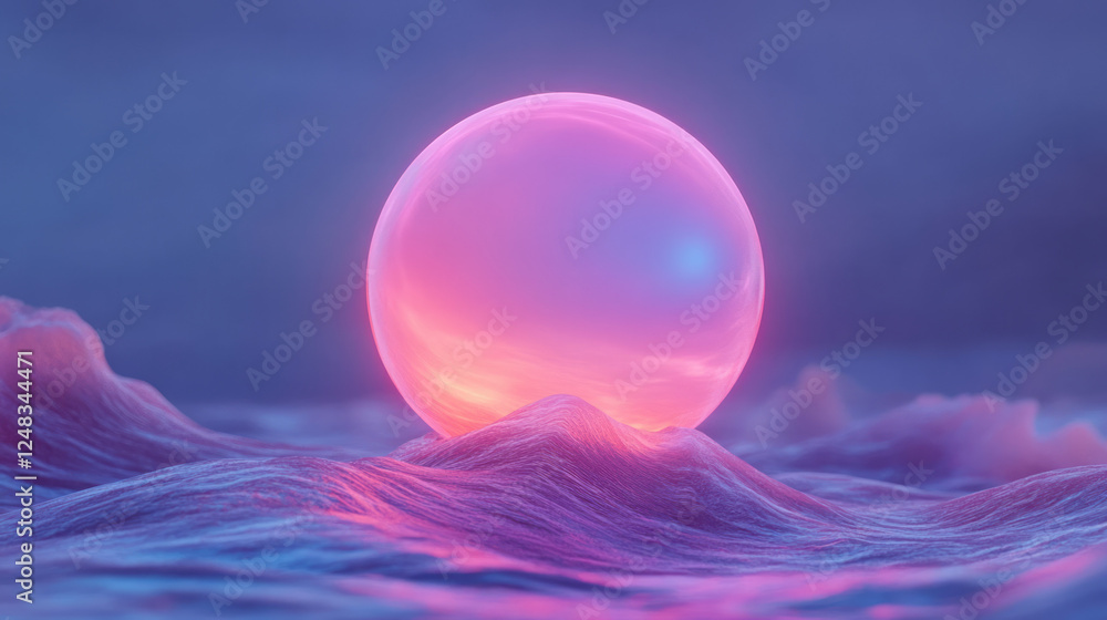 Poster a cinematic view of a hovering glowing sphere set against a sci-fi landscape of gently undulating