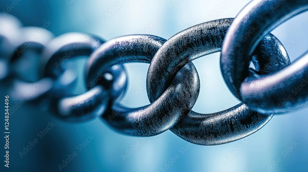 Poster a close-up view of a metallic chain link, showcasing its texture and shine against a blurred blue ba