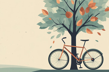 Fototapeta premium Bicycle resting against a tree with autumn leaves in a calm park setting