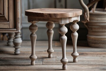 Fototapeta premium Handcrafted Wooden Stool with Elegant Legs for Beautiful Interior Decor