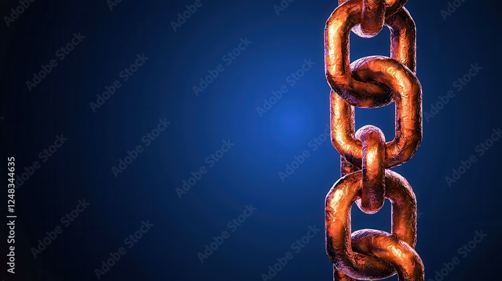 Poster A close-up image of a rusty chain hanging against a dark blue background, showcasing the texture and details of the metal links.