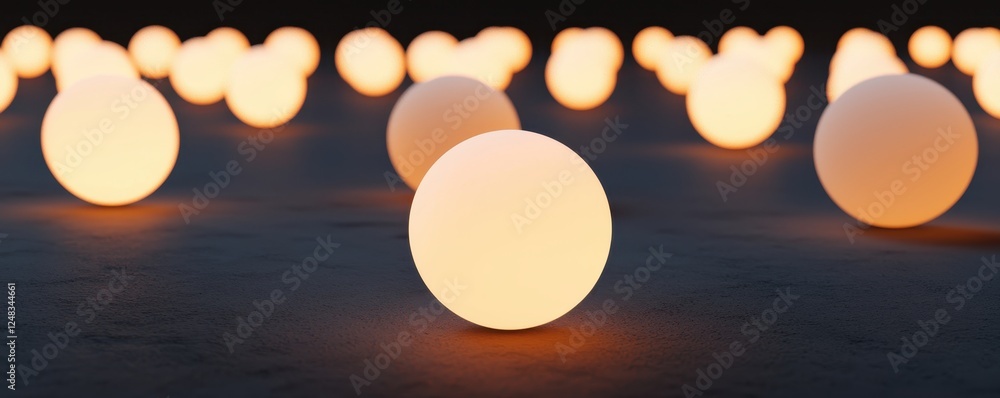 Poster A serene scene featuring multiple glowing orbs, creating a warm and inviting ambiance in a dark setting.