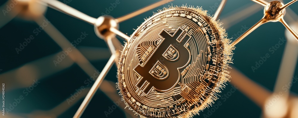 Poster a close-up image of a bitcoin amidst a network of interconnected lines, symbolizing cryptocurrency a