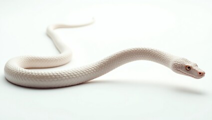 A sinuous, curvy, and flexible albino snake, isolated against a pristine white background, evoking a sense of ethereal minimalism, with intricate, iridescent dragon scales texture mapped onto its skin