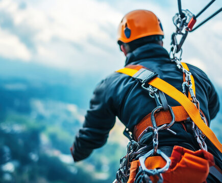 Professional climber prepares for a descent on a zip line in a mountainous landscape during daytime