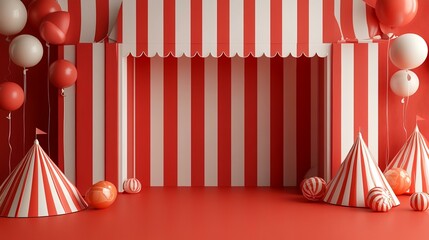 Red and white striped carnival booth backdrop with balloons and party hats. Ideal for festive announcements or product displays