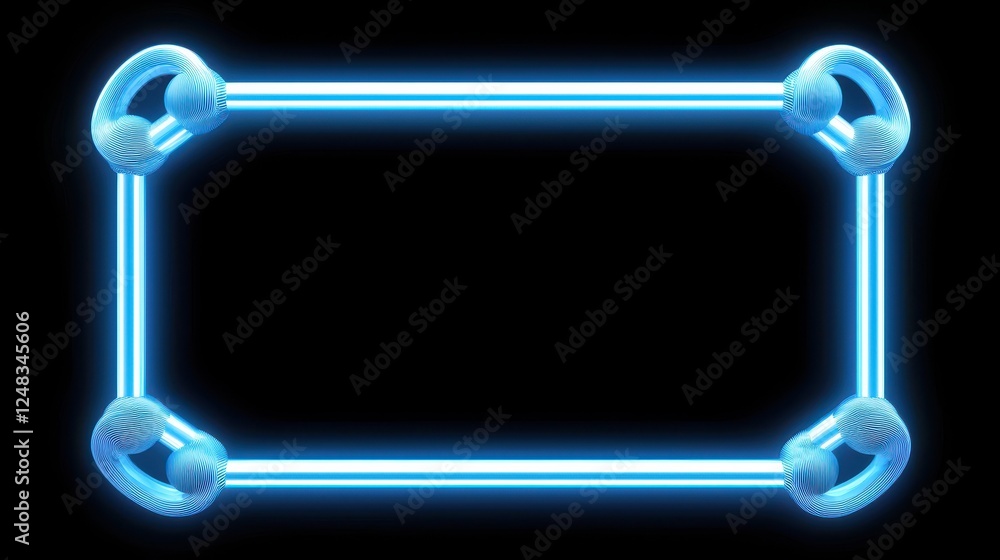 Poster a glowing blue neon rectangular frame set against a dark background, emphasizing a modern, futuristi