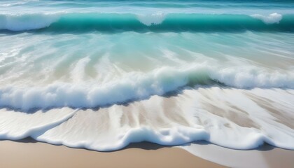 Olas turquesas del océano rompiendo en una playa de arena, con una clara distinción entre el agua y la orilla. El agua parece espumosa y dinámica, mostrando varios tonos de azul y blanco