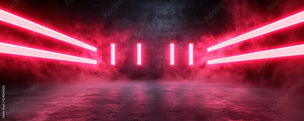 Poster a futuristic scene featuring vibrant pink laser beams cutting through a misty atmosphere, creating a