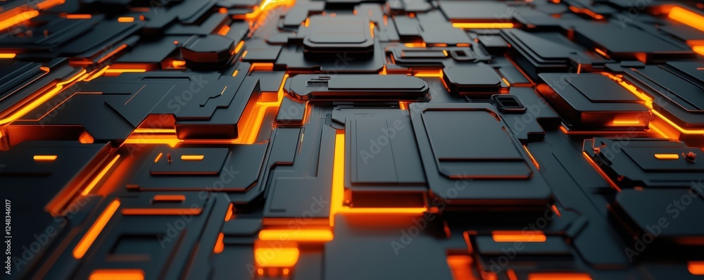 Poster a close-up view of interconnected black shapes with glowing orange lines, creating a futuristic, tec